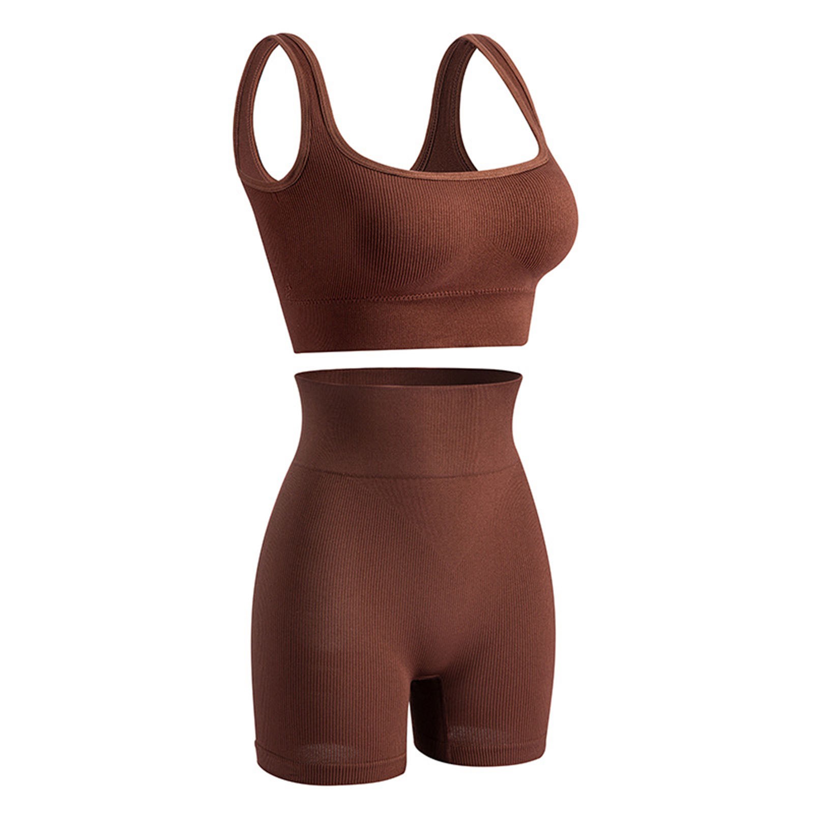 thumbnail image 5 of Conjunto de entrenamiento sin costuras de 2 piezas para mujer: pantalones cortos de yoga de cintura alta y camiseta sin mangas, sujetador incorporado, nailon/spandex, S-XL, 5 of 5